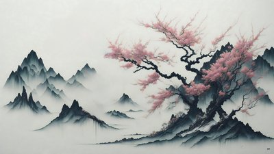 blekkmaleri: Cherry Blossom trees blooming_02 av Josef Johann Michel