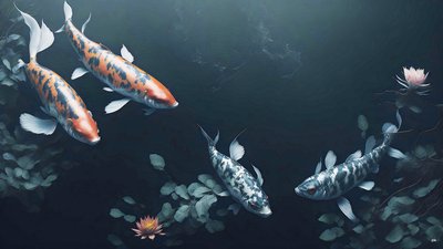blekkmaleri: Koi-Karpfisk_rød+hvit_01 av Josef Johann Michel