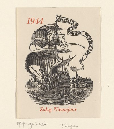 Nyttårsønske for 1944 fra Mária og Phons Schellart av Josef Leysen (Jef)