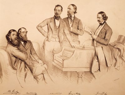 Gruppeportrett av wienermusikere og komponist: Franz von Suppe', Carl Binder, Anton Storch, Heinrich Proch og Anton Emil Titl, litografi av Josef Kriehuber av Josef Nikolaus Kriehuber