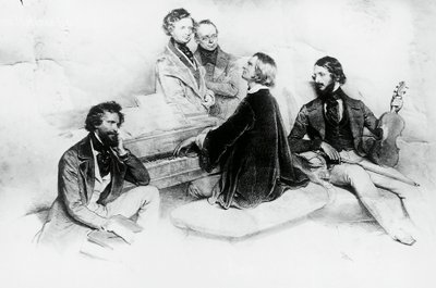 Matiné hjemme hos Liszt, fra venstre til høyre, Kriehuber, komponist Hector Berlioz (1803-1869), Carl Czerny (1791-1857) Liszts lærer, Franz Liszt (1811-1866) og fiolinist Heinrich Wilhelm Ernst (1840-1865), Litografi av Josef Kriehuber (1800-1876) av Josef Nikolaus Kriehuber