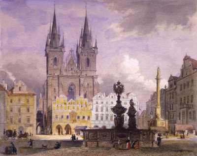Krocín-fontenen, Praha, 1864 (farget stålgravering) av Josef Vojtech Hellich