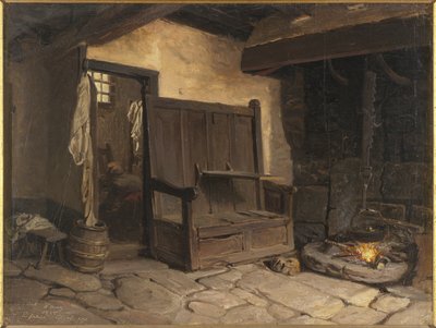 Et hytteinteriør (olje på papir montert på masonitt) av Josef Wilhelm Wallander