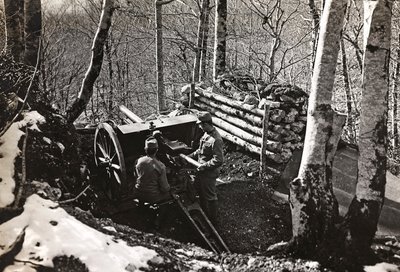 Album "Min verdenskrig - minner om den sørvestlige fronten i Kärnten, Italia, Trentino-Alto Adige) 31/03/1915-12/11/ 1918 - Josef Zohles Vienna ": Soldater med kanon (s/h p) av Josef Zohles