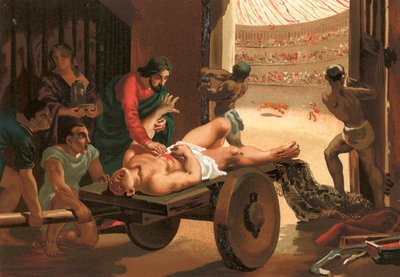 Galen hjelper en gladiator, såret i sirkuset i Bergamo av Josep or Jose Planella Coromina