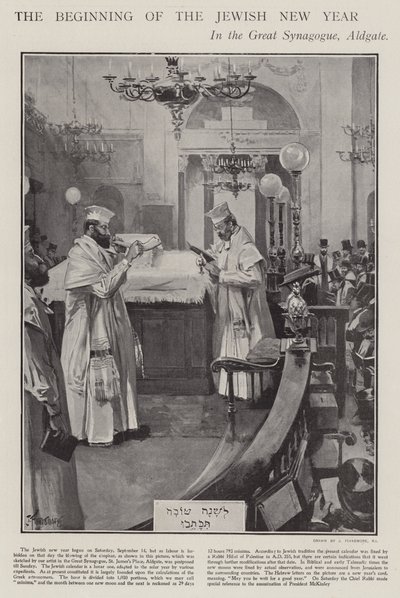 Feirer begynnelsen av det jødiske nyttåret i den store synagogen, Aldgate, London (litho) av Joseph (after) Finnemore