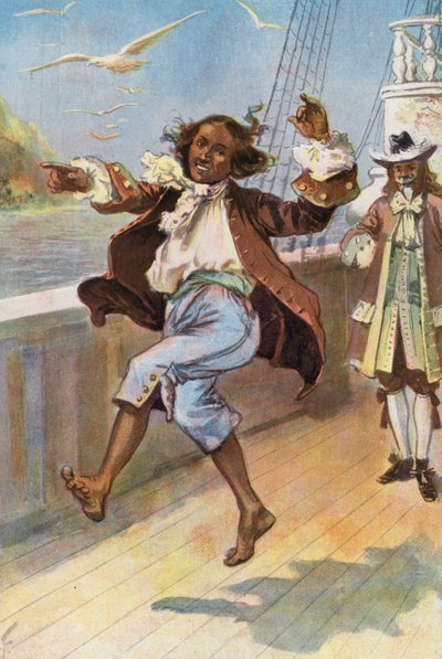 Robinson Crusoe: Fredag danset og kaper (farge litho) av Joseph (after) Finnemore
