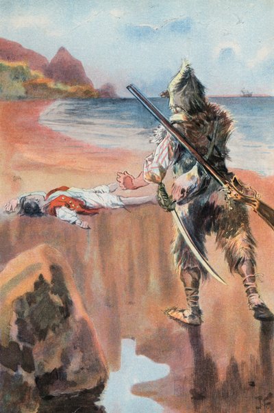 Robinson Crusoe: Jeg finner en druknet gutt (farge litho) av Joseph (after) Finnemore