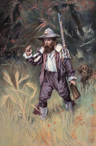 Robinson Crusoe: Jeg finner bygg som vokser (farge litho) av Joseph (after) Finnemore