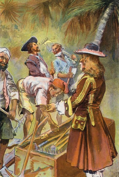 Robinson Crusoe: Jeg ga hver mann en gravespade (farge litho) av Joseph (after) Finnemore