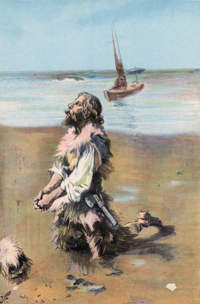 Robinson Crusoe: Jeg takker for min utfrielse (farge litho) av Joseph (after) Finnemore