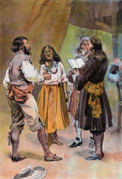 Robinson Crusoe: Marriage of Will Atkins (farge litho) av Joseph (after) Finnemore