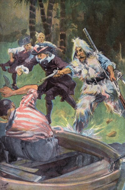 Robinson Crusoe: Vi ber ham om å gi etter (farge litho) av Joseph (after) Finnemore