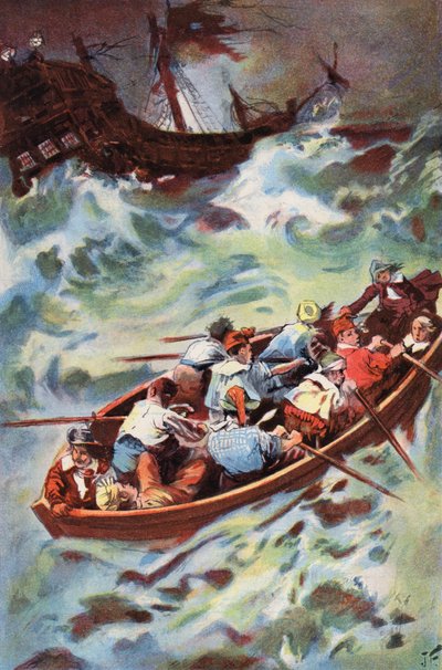 Robinson Crusoe: Vi forlater vraket (farge litho) av Joseph (after) Finnemore