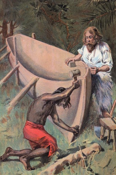 Robinson Crusoe: Vi lager en stor båt (farge litho) av Joseph (after) Finnemore