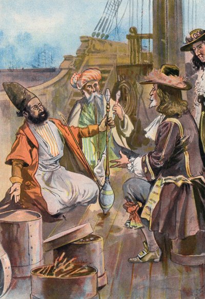 Robinson Crusoe: Vi selger krydderet vårt til persiske kjøpmenn (farge litho) av Joseph (after) Finnemore