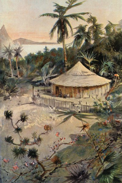 Robinson Crusoe: Will Atkins' telt (farge litho) av Joseph (after) Finnemore