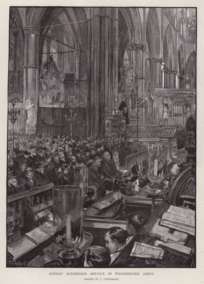 Søndag ettermiddagsgudstjeneste i Westminster Abbey, London (litho) av Joseph (after) Finnemore