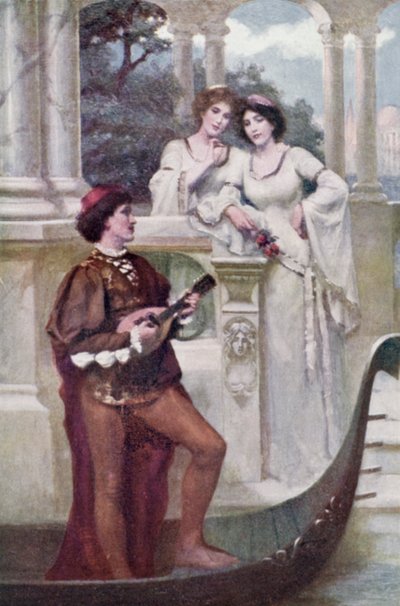 Ung mann spiller musikk til to damer (farge litho) av Joseph (after) Finnemore
