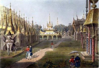 Scene på terrassen til den store Dagon-pagoden ved Rangoon ser mot nord, plate 5 fra 