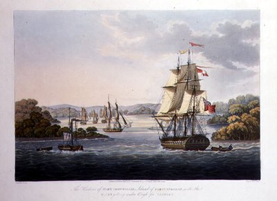 Havnen i Port Cornwallis. Island of Great Andaman, med flåten under veiing for Rangoon, gravert av G. Hunt, pub. av Kingsbury & Co., London av Joseph (after) Moore