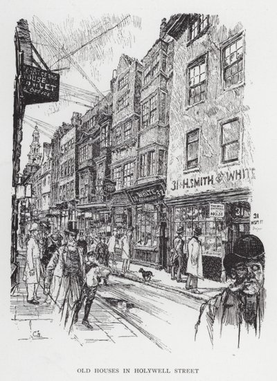 Gamle hus i Holywell Street (litho) av Joseph (after) Pennell
