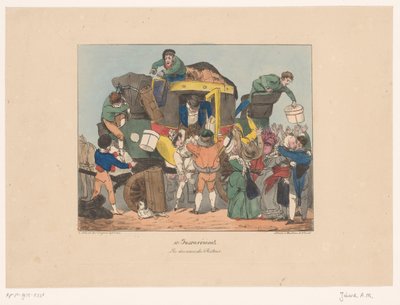 Passasjerer går av fra en omnibus etter hjemreise Les douceurs du retour (tittel på objekt) Ubehag (serietittel) Upraktisk (serietittel på objekt) av Joseph Ambroise Jobard