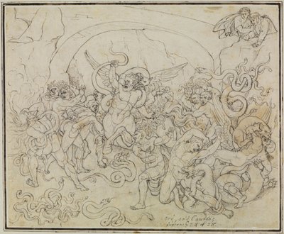 Tyvenes straff i slangenes og dragenes dal (Dantes Inferno, sang 25, V 17) av Joseph Anton Koch
