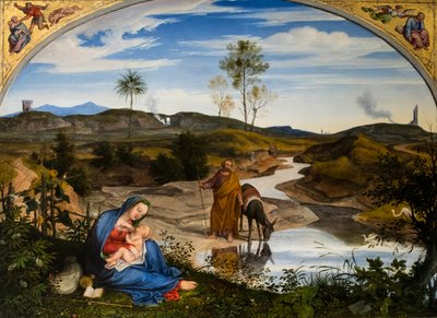 Hvile på flukten til Egypt, ca. 1820–1825 (olje på tre (valnøtt)) av Joseph Anton Koch