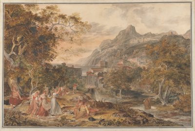 Utsikt over Vietri med unge landkvinner som danser for hyrder i forgrunnen, 1800. av Joseph Anton Koch