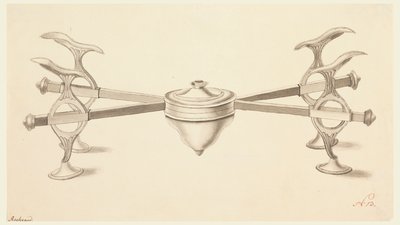 Design for et tallerkenstativ med forlengende armer og en liten spritlampe av Joseph Anton Seethaler Ii
