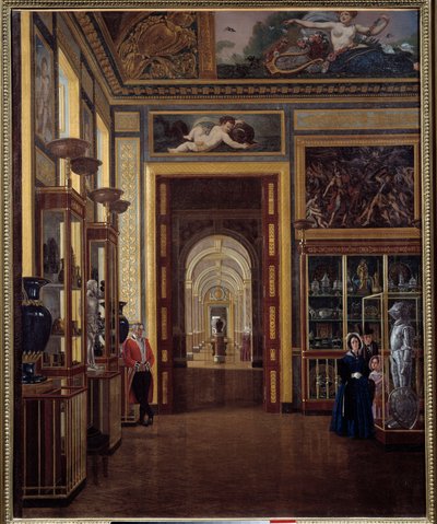 Smykkerommet ved Louvre og enfilade av Charles X-rommene. Maleri av Joseph Auguste (1800-tallet) av Joseph Auguste