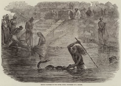 Hindoo-badere i elven Jumna overrasket av en slange av Joseph Austin Benwell