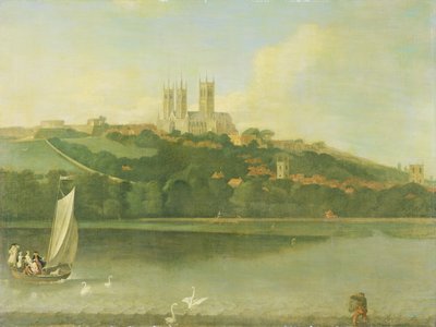 En utsikt over katedralen og byen Lincoln fra elven, ca. 1760 av Joseph Baker