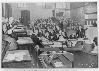En rettssak ved Old Bailey for Lord Chief Justice (wc på papir) av Joseph Barnard Davis
