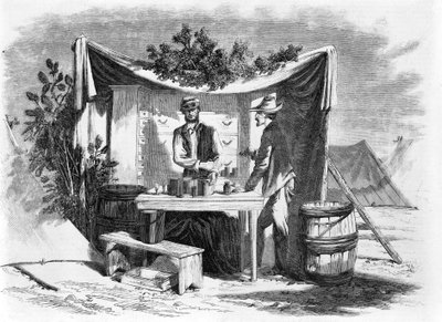 Camp Scenes - an Army Drug Store - Hospital Steward, fra en skisse av vår spesielle kunstner, Joseph Becker, pub. 1864 av Joseph Becker