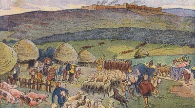 Bibracte, en by i Gallia bebodd av smeder og et tilfluktssted i tider med fare (farge litho) av Joseph Beuzon