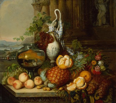Stilleben med frukt, fiskebolle og landskap av Joseph Biays Ord