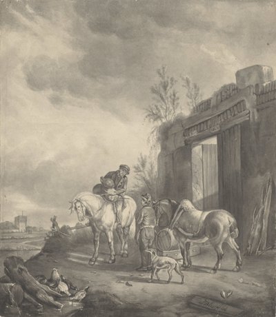 To ryttere ved en falleferdig bygning av Joseph Bles