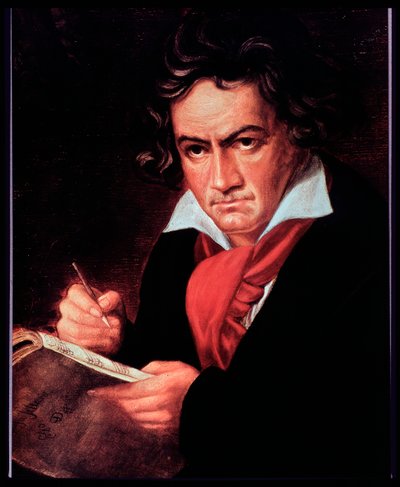 Portrett av den tyske komponisten Ludwig van Beethoven som skriver Missa solemnis. (maleri av Joseph Carl (after) Stieler
