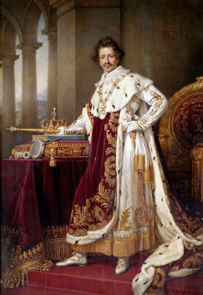 Stående portrett av Louis I av Bayern (1786-1868) i løpende kostymemaleri av Joseph Karl Stieler (1781-1858) (ec.all.) 1826 Søn. 1,44x2,71 m München. New Pinakothek - Portrett av Ludwig I av Bayern (1786-1868) i kroningskjoler. Maleri av Jose av Joseph Carl Stieler