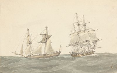 Barquentine og fregatt i tungt hav av Joseph Cartwright