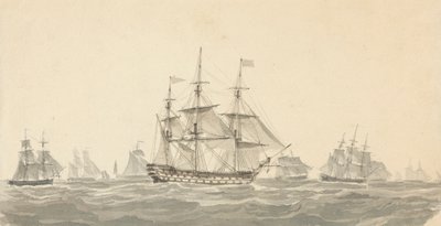 Sidevisning av slagskip omgitt av flere andre i tungt hav av Joseph Cartwright