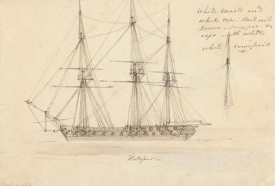 Sidevisning av enkel korvett og toppen av enkelt mast, Hotspur av Joseph Cartwright
