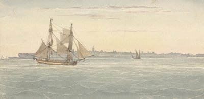 Single Brig (?) Nok et seilfartøy mot omrisset av byen på bakgrunn av Joseph Cartwright