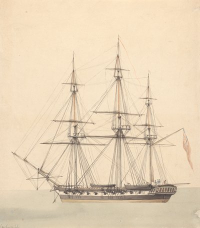 Enkel korvett (?) med tre figurer i marineuniformer og Union Jack av Joseph Cartwright