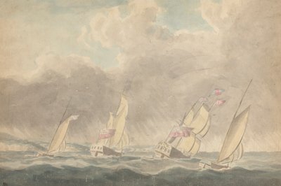 Two Sloops of War, One Barque and One Schooner (?), Sterns Forward, in Heavy Seas; Flere seilfartøy i bakgrunnen av Joseph Cartwright