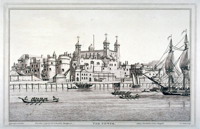 Sørutsikt over Tower of London med båter på Themsen, 1795 av Joseph Constantine Stadler