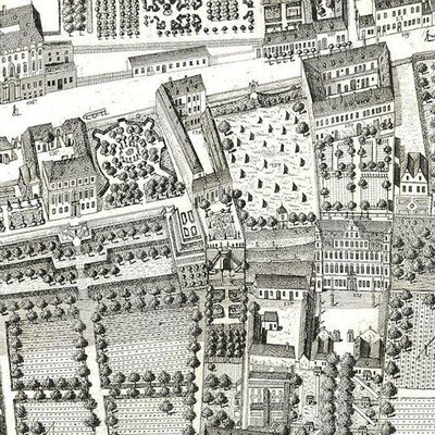 Detalj av et kart over Wien som viser 135 Alsergrund der Mozart og hans familie bodde i 1788 (etsing og gravering) av Joseph Daniel Huber