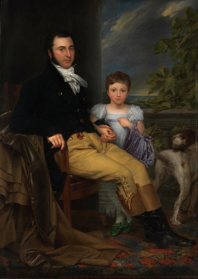 Portrett av en fremtredende herre med datteren og en jakthund (olje på lerret) av Joseph Denis Odevaere